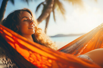 Tranquil Tropical Getaway: Hammock Relaxation - obrazy, fototapety, plakaty