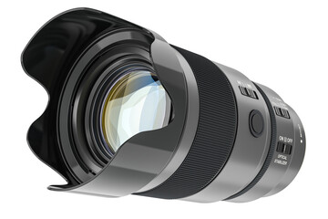 Fototapeta premium Telephoto zoom lens, photography camera lens. 3D rendering isolated on transparent background