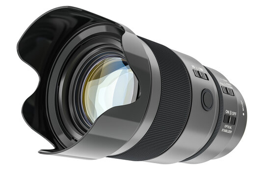 Telephoto zoom lens, photography camera lens. 3D rendering isolated on transparent background