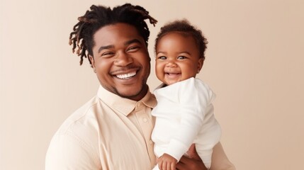 Fototapeta premium This heartwarming image showcases a proud, happy father cradling his baby against a studio backdrop. Generative AI