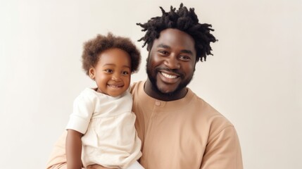 A joyous multicultural plus-size afro father holds his baby in a studio, radiating happiness. Generative AI