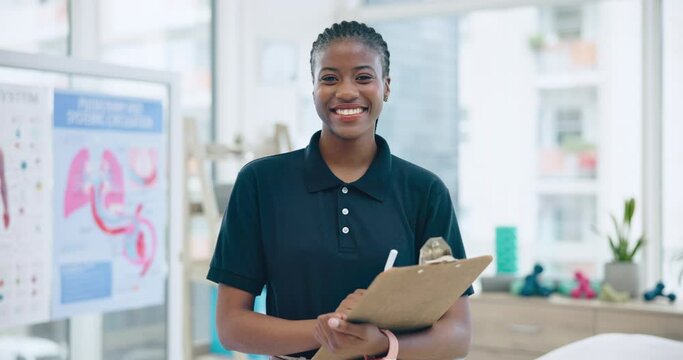 Physiotherapist, face or woman writing healthcare info for physiotherapy or health consultation. Smile, portrait or African chiropractor with clipboard for check up to evaluate reflexology in body