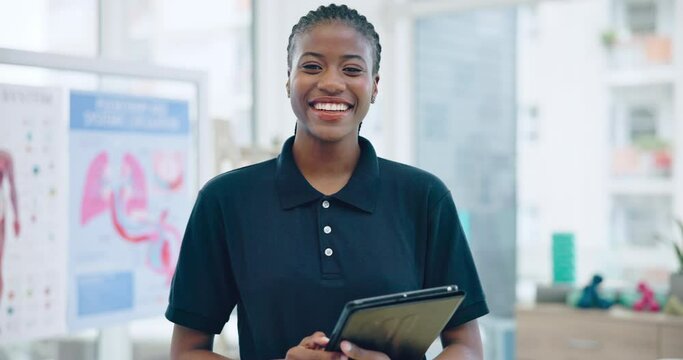 Physiotherapist, face or happy woman with tablet for healthcare info for physiotherapy or health consultation. Smile, portrait or African chiropractor with technology for check up or reflexology