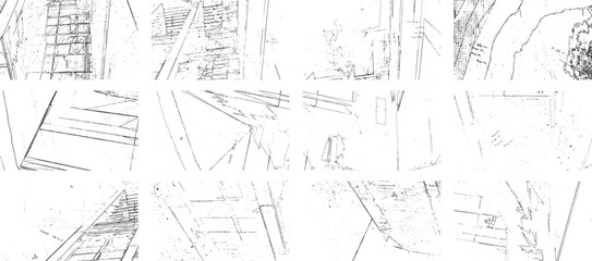 Overlay textures set stamp with grunge effect. Old damage Dirty grainy and scratches. Set of different distressed black grain texture. Distress overlay vector textures.	