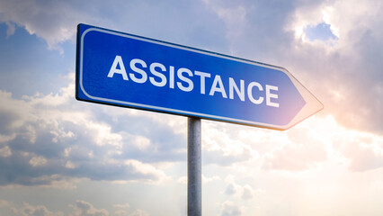 Obraz premium Street directional sign with the word “Assistance”, signpost providing guidance and help, wayfinding concept
