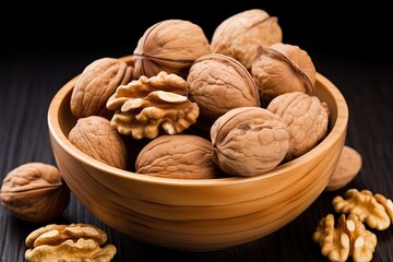 Close-up macro shot of a bowl filled with assorted walnut kernels, captured with a natural colors. Generative AI