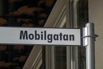 Stockholm, Sweden A modern street name sign in the Telfonplan district says Mobilgatan, or Mobile Phone Street.