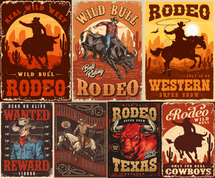 Western rodeo colorful set posters