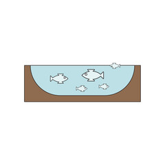 A natural fish pond full of alive and dead fishes -  line color illustration.