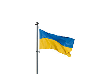 Ukrainian flag of yellow-blue colors on the background of clear blue sky. Isolated object on a...
