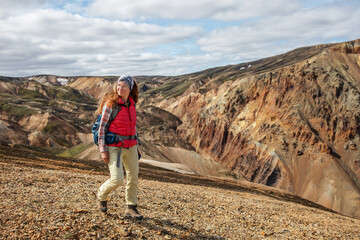 Fototapeta premium The family went hiking in Landmanloer Park in Iceland