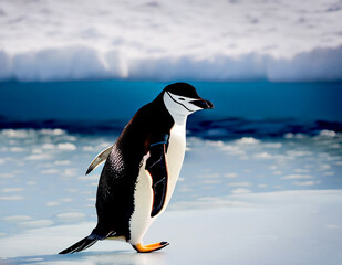 photo group of penguins walking on the frozen ocean