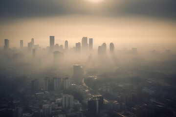City with tall skyscrapers filled with smoke, buildings in fog, crisis air pollution, concept of global drought and burning forests