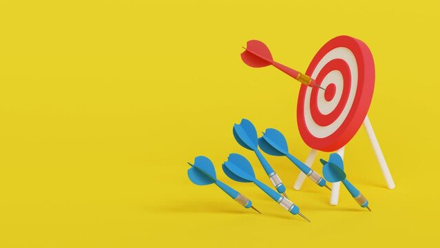 Business challenge failure and success concept. Learning from expereience, Blue arrows missed hitting target and only red one hits the center. 4k 3d animation