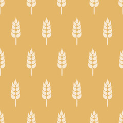 Wheat seamless pattern. Bakery backdrop. Hand drawn ear or malt, corn, rice on yellow background. Repeat flat spikelet. Gold whole grains allover illustration