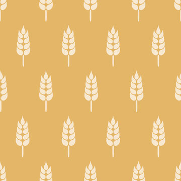Wheat seamless pattern. Bakery backdrop. Hand drawn ear or malt, corn, rice on yellow background. Repeat flat spikelet. Gold whole grains allover illustration