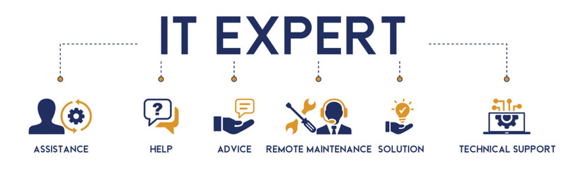 IT expert banner website icons vector illustration concept with an icons of assistance, help, advice, remote maintenance, solution, technical support on white background