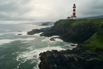 A picturesque red and white lighthouse perched on a cliff overlooking the majestic ocean - Powered by Adobe