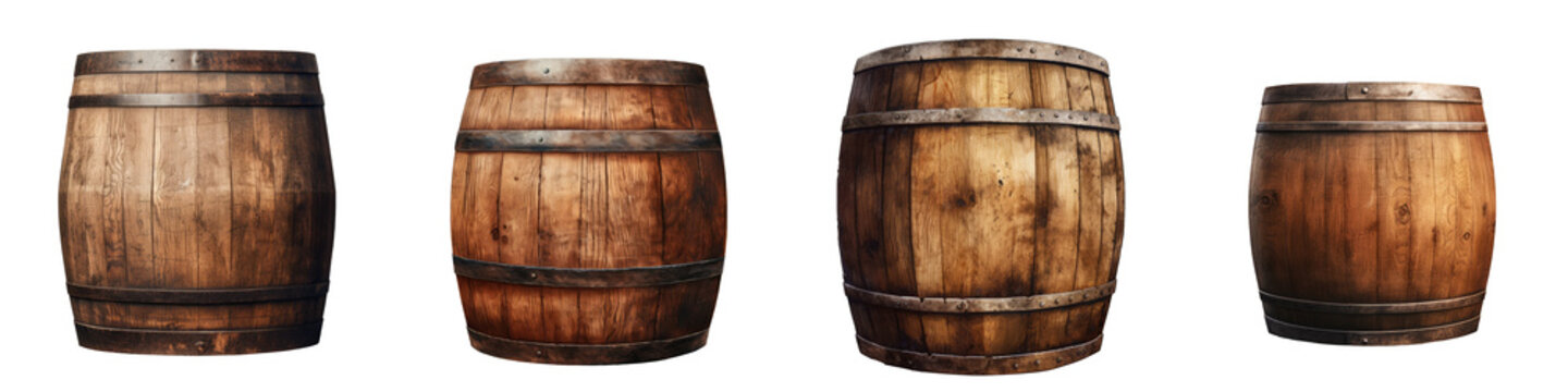 Old weathered barrel standing upright on a transparent background