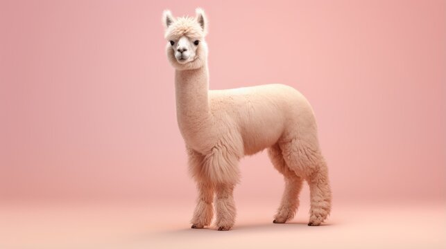 An adorable alpaca posing against a vibrant pink backdrop