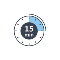 Clock icon vector illustration. Timer sign 15 min on isolated background. Countdown sign concept.