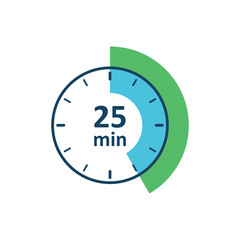Clock icon vector illustration. Timer sign 25 min on isolated background. Countdown sign concept.