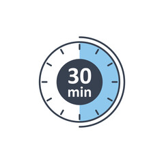 Clock icon vector illustration. Timer sign 30 min on isolated background. Countdown sign concept.