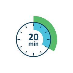 Clock icon vector illustration. Timer sign 20 min on isolated background. Countdown sign concept.