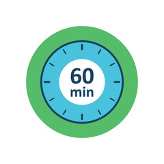 Clock icon vector illustration. Timer sign 60 min on isolated background. Countdown sign concept.