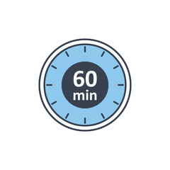 Clock icon vector illustration. Timer sign 60 min on isolated background. Countdown sign concept.