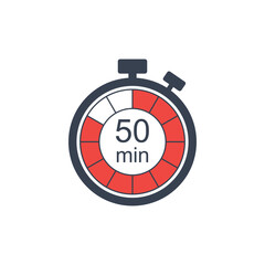 Clock icon vector illustration. Timer sign 50 min on isolated background. Countdown sign concept.