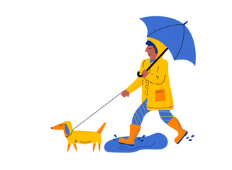 Man in yellow rain coat and rubber boots walking with dog under umbrella. Flat vector illustration
