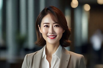 Happy handsome proud stylish mid aged mature professional business woman CEO, successful confident smiling good looking female executive looking at camera. Ai generated