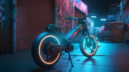 futuristic electric bike concept, slim frame with embedded LED lights, urban alleyway with graffiti murals, cool evening with a vibe of rebellion,