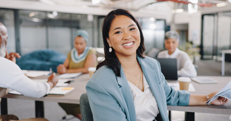 Leadership, meeting and portrait of Asian woman in office with corporate business people. Strategy,...