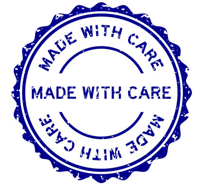 Grunge blue made with care word round rubber seal stamp on white background