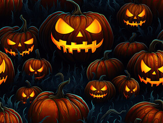 Transforming ordinary pumpkins into eerie faces, set against a grassy backdrop, to evoke a haunting Halloween ambiance