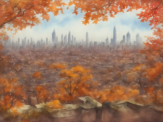 Autumn City watercolor view