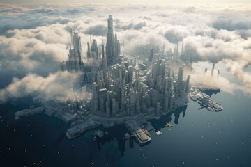 Landscape with big futuristic city, clouds and sky, fiction concept. Generative AI