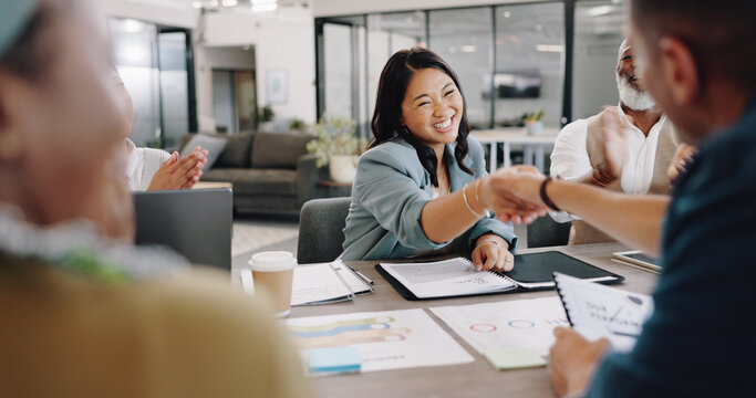 Contract, handshake and business people with success in meeting and applause for agreement, negotiation and b2b partnership. Deal, shaking hands and congratulations in office for contact, sale or crm - Powered by Adobe