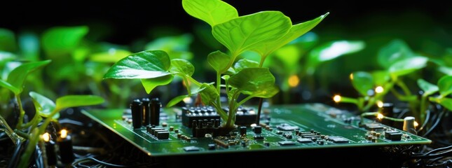 Small plant on circuit board, technology and sustainability concept. Generative AI - obrazy, fototapety, plakaty