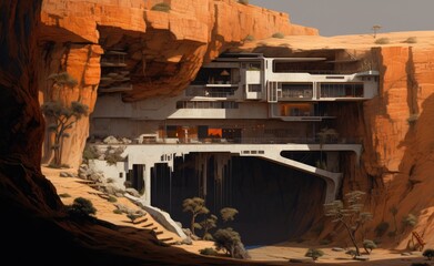 Modern futuristic house landscape on hill, canyons and desert. Generative AI