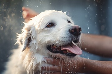 Cute soapy dog taking a bath, pet shop and animal care. Generative AI - obrazy, fototapety, plakaty