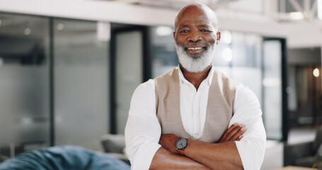 Portrait, corporate and senior man with arms crossed, smile and formal in a workplace, career and...