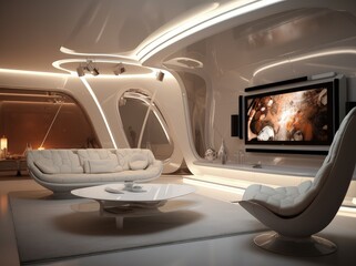 Futuristic minimalist living room with lighting details, architecture concept. Generative AI