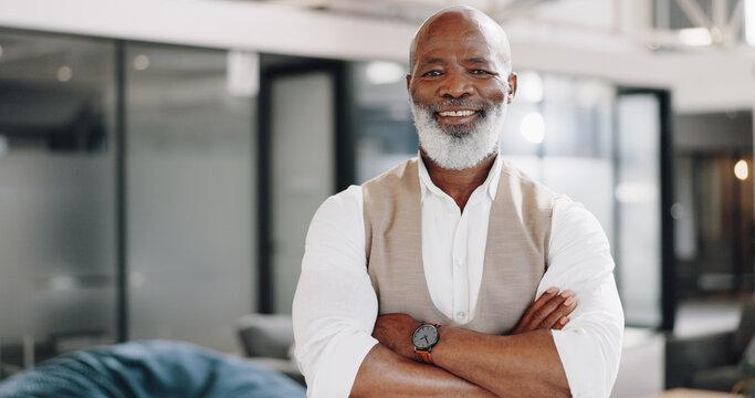 Portrait, Corporate And Senior Man With Arms Crossed, Smile And Formal In A Workplace, Career And Executive Consultant. Face, African Person Or Entrepreneur With A Small Business, Professional Or Ceo