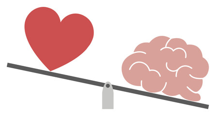 Balance of life and love. Mind has more weight than heart. Mental health and emotional well-being symbol. Heart and brain icons. Psychological wellness, Mind-Heart balance graphic. PNG editable vector