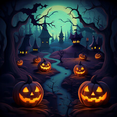Fototapeta premium Pumpkins In Graveyard In The Spooky Night - Halloween Backdrop