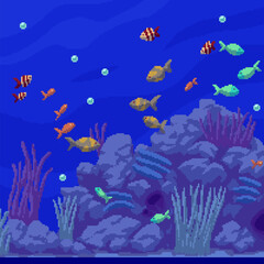 Fototapeta na wymiar pixel art fish aquarium undewater