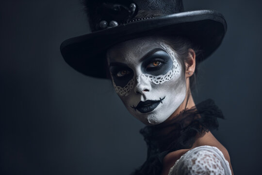 Portrait of female with skull make up in top hat on Halloween.